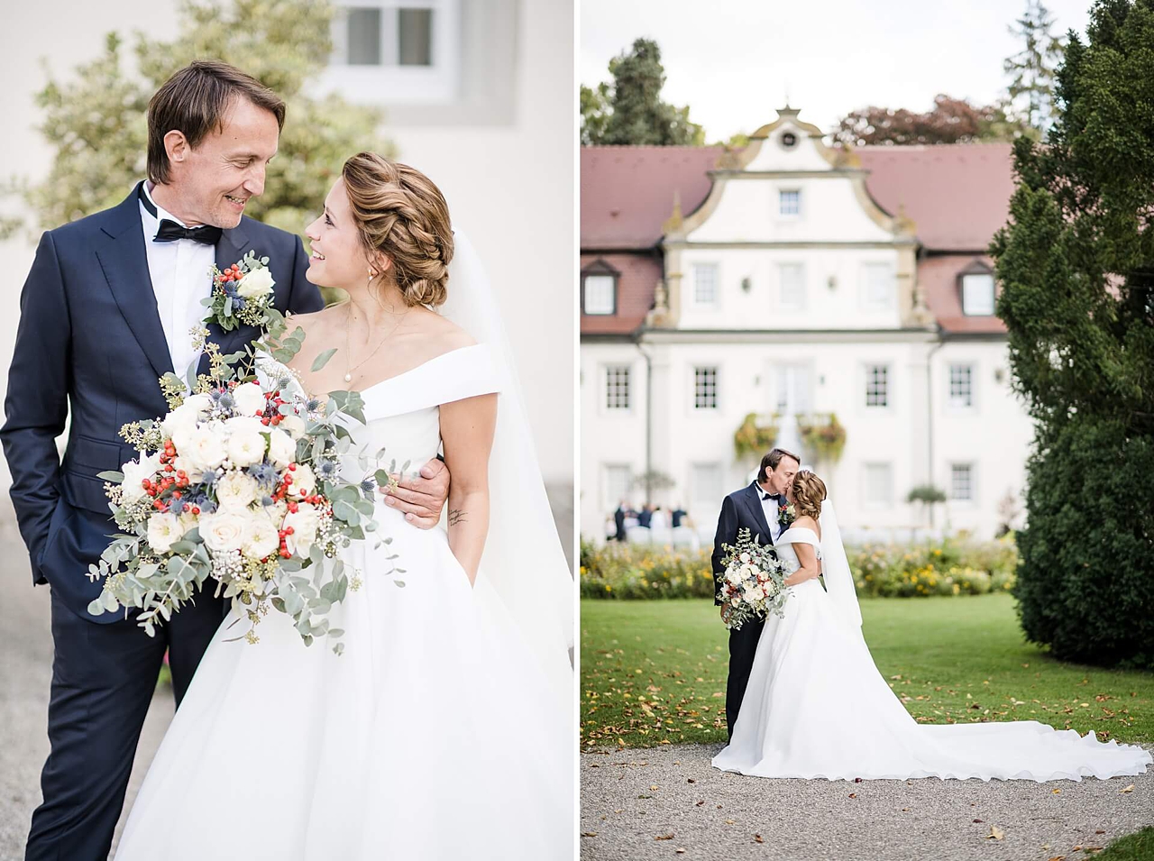Rebecca Conte Fotografie: Brautpaar vor dem Schlosshotel Friedrichsruhe